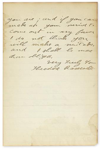 ROOSEVELT, THEODORE. Autograph Letter Signed, as Assemblyman, to New York Assemblyman Philip Garbutt (Dear Mr. Garbutt),